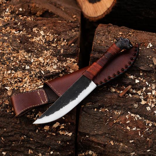 Odin's  Norse Wolf Head Viking-styled Knife | Hand Forged Blade, Raven's Head Hilt- AD-HK704