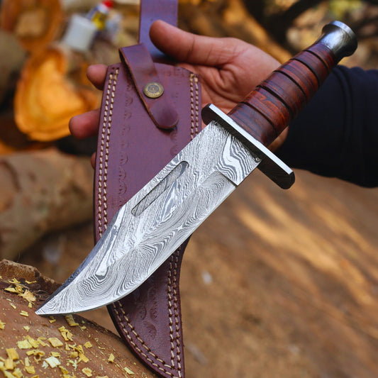 Handmade Damascus Steel Bowie Knife with Leather Sheath-AD-HK707