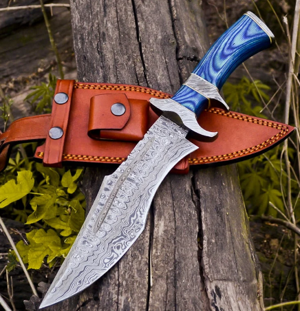 Handmade Damascus Steel Bowie Knife with Leather Sheath-AD-HK708