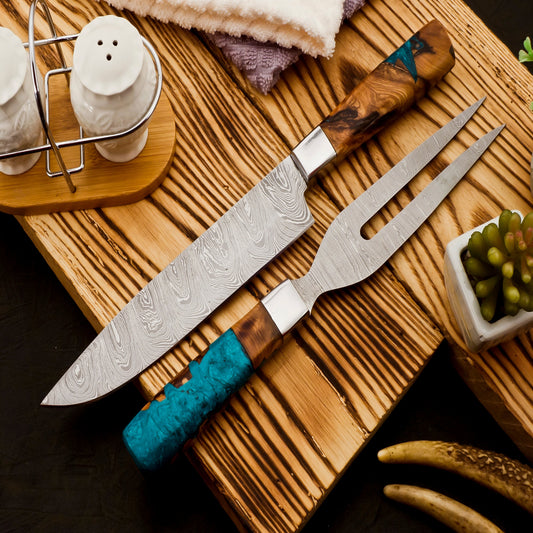 Damascus Steel Knife Set - Chef & Fork BBQ Knives for Grilling, Outdoor Cooking- BBQGR