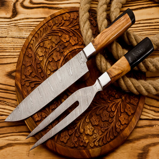 Damascus Steel Knife Set - Chef & Fork BBQ Knives for Grilling, Outdoor Cooking- BBQBLk