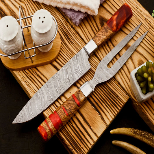 Damascus Steel Knife Set - Chef & Fork BBQ Knives for Grilling, Outdoor Cooking- BBQRd