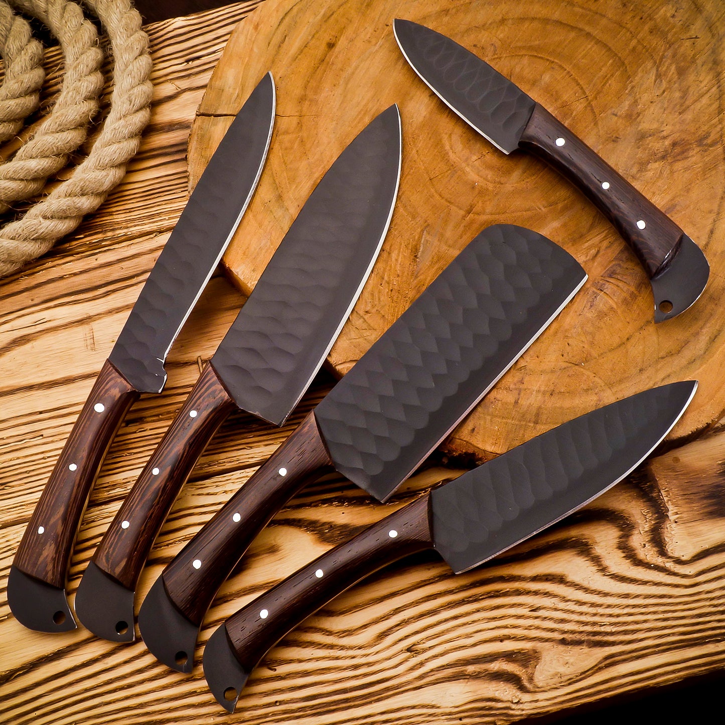 Custom 5-Piece Hand-Forged Chef Knife Set | Black Hammered Steel & Wenge Wood | Leather Roll Bag