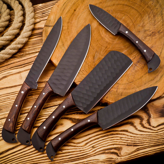 Custom 5-Piece Hand-Forged Chef Knife Set | Black Hammered Steel & Wenge Wood | Leather Roll Bag
