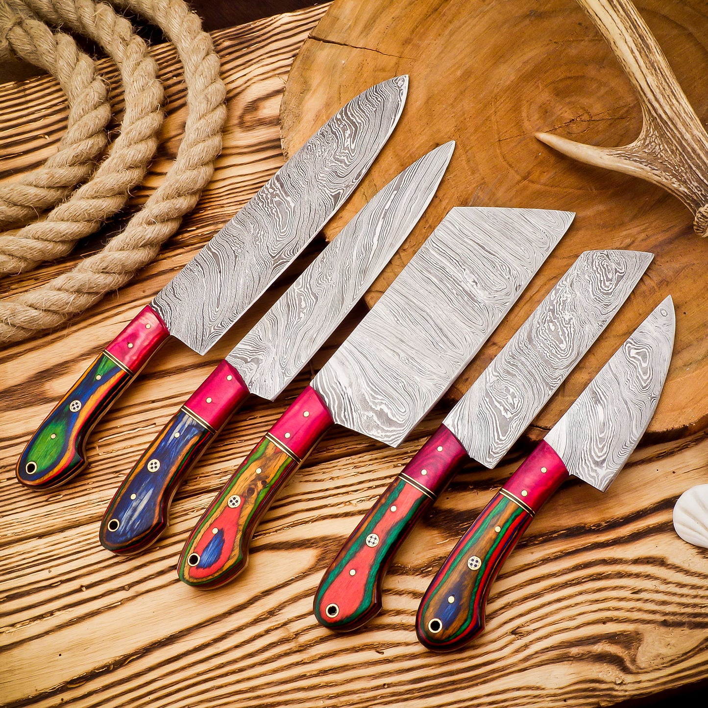 Handmade Damascus Steel Kitchen  Set Of 5Pcs With Pakka wood Handle - Ad-CKS105