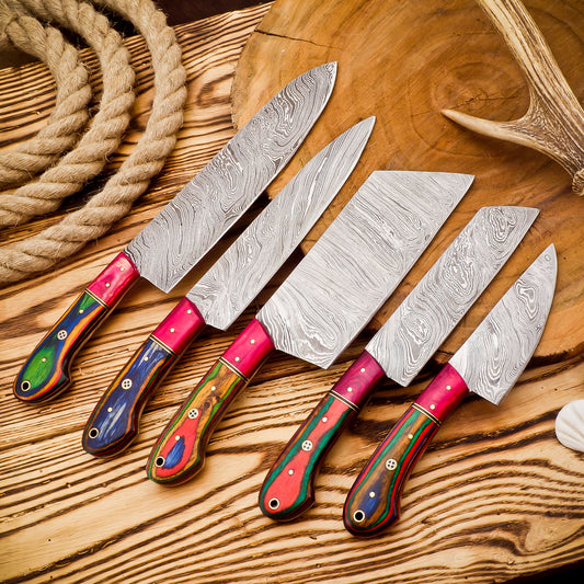 Handmade Damascus Steel Kitchen  Set Of 5Pcs With Pakka wood Handle - Ad-CKS105