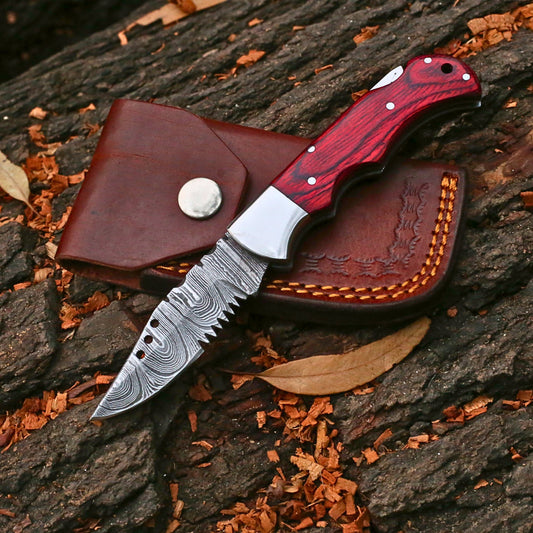 Handmade Damascus Steel Folding Pocket Knife | Custom EDC Knife with Leather Sheath-FK504