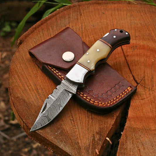Handmade Damascus Steel Folding Pocket Knife | Custom EDC Knife with Leather Sheath-FK508