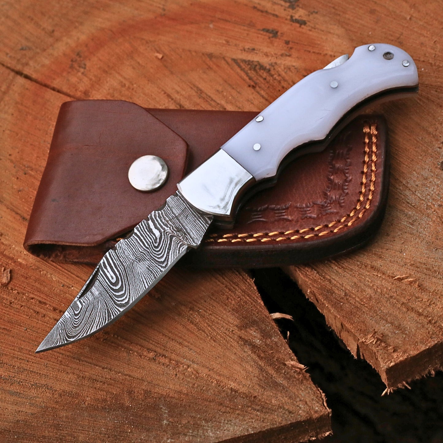 Handmade Damascus Steel Folding Pocket Knife | Custom EDC Knife with Leather Sheath-FK528