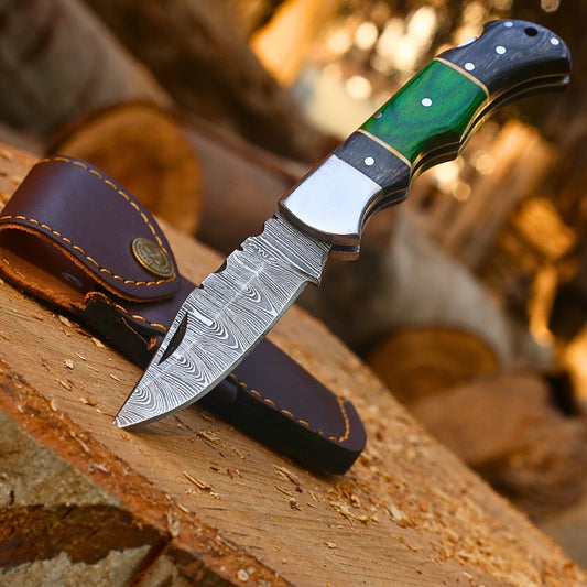 Handmade Damascus Steel Folding Pocket Knife | Custom EDC Knife with Leather Sheath-FK503