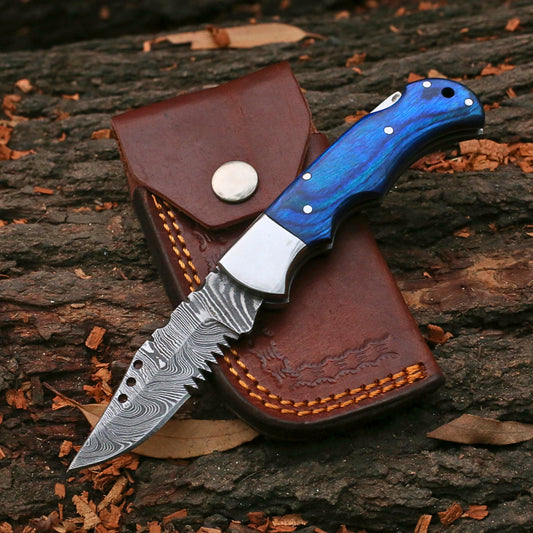 Handmade Damascus Steel Folding Pocket Knife | Custom EDC Knife with Leather Sheath-FK505