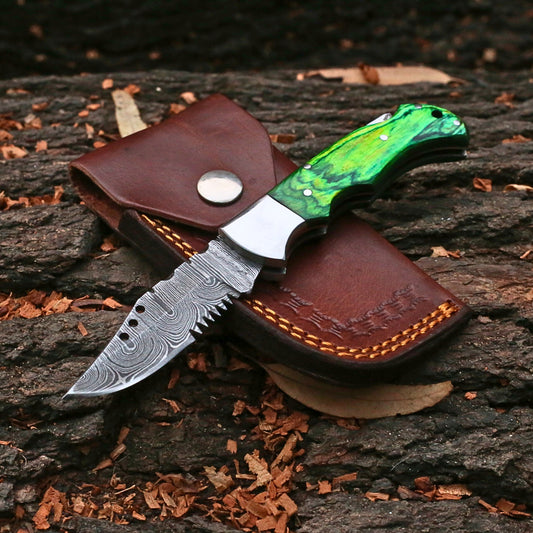 Handmade Damascus Steel Folding Pocket Knife | Custom EDC Knife with Leather Sheath-FK506