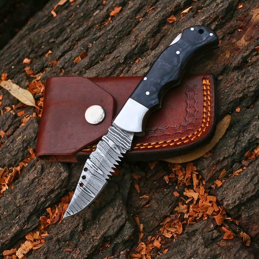 Handmade Damascus Steel Folding Pocket Knife | Custom EDC Knife with Leather Sheath-FK507