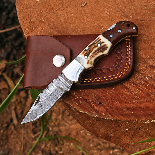 Handmade Damascus Steel Folding Pocket Knife | Custom EDC Knife with Leather Sheath-FK509