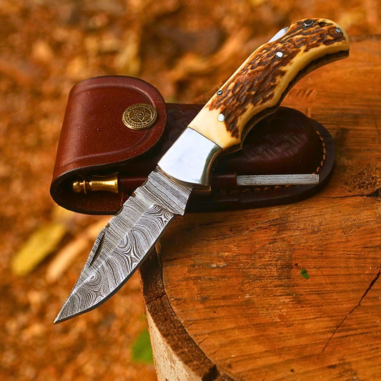 Handmade Damascus Steel Folding Pocket Knife | Custom EDC Knife with Leather Sheath-FK510