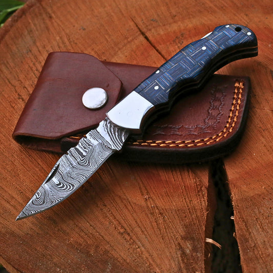 Handmade Damascus Steel Folding Pocket Knife | Custom EDC Knife with Leather Sheath-FK511