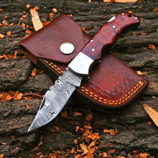 Handmade Damascus Steel Folding Pocket Knife | Custom EDC Knife with Leather Sheath-FK512