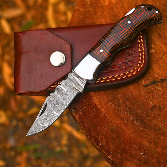 Handmade Damascus Steel Folding Pocket Knife | Custom EDC Knife with Leather Sheath-FK513