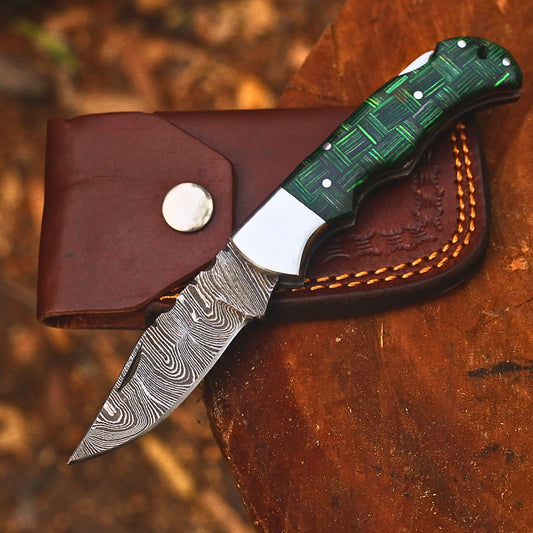 Handmade Damascus Steel Folding Pocket Knife | Custom EDC Knife with Leather Sheath-FK514