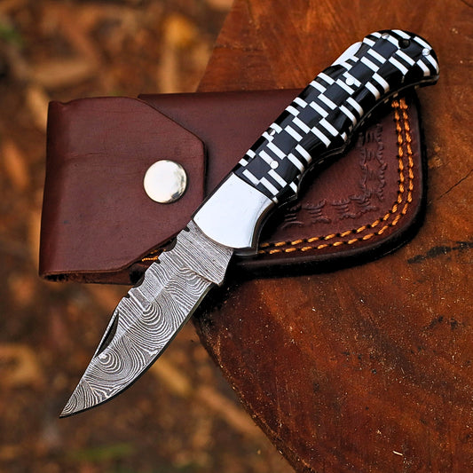 Handmade Damascus Steel Folding Pocket Knife | Custom EDC Knife with Leather Sheath-FK515