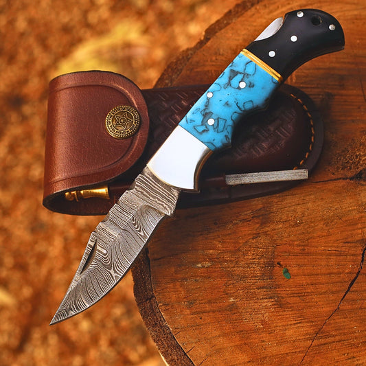 Handmade Damascus Steel Folding Pocket Knife | Custom EDC Knife with Leather Sheath-FK516