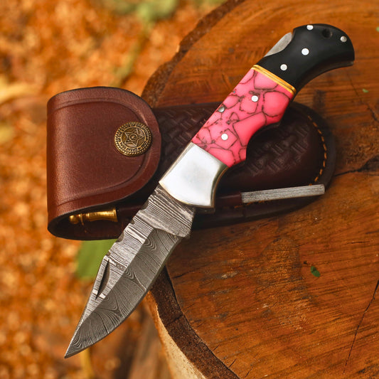 Handmade Damascus Steel Folding Pocket Knife | Custom EDC Knife with Leather Sheath-FK517