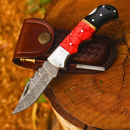 Handmade Damascus Steel Folding Pocket Knife | Custom EDC Knife with Leather Sheath-FK518