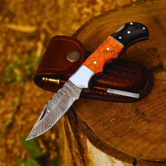 Handmade Damascus Steel Folding Pocket Knife | Custom EDC Knife with Leather Sheath-FK519