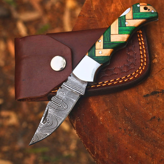 Handmade Damascus Steel Folding Pocket Knife | Custom EDC Knife with Leather Sheath-FK520