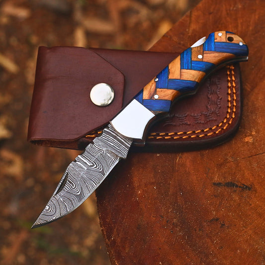 Handmade Damascus Steel Folding Pocket Knife | Custom EDC Knife with Leather Sheath-FK521