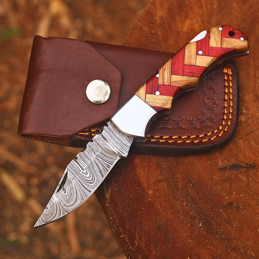 Handmade Damascus Steel Folding Pocket Knife | Custom EDC Knife with Leather Sheath-FK522