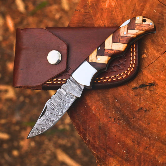 Handmade Damascus Steel Folding Pocket Knife | Custom EDC Knife with Leather Sheath-FK523