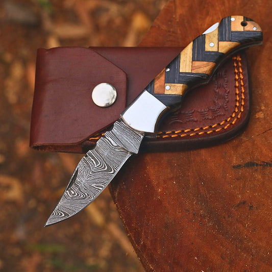 Handmade Damascus Steel Folding Pocket Knife | Custom EDC Knife with Leather Sheath-FK524