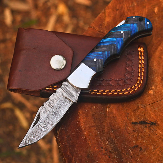 Handmade Damascus Steel Folding Pocket Knife | Custom EDC Knife with Leather Sheath-FK525