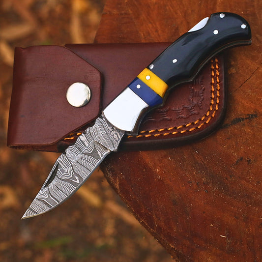 Handmade Damascus Steel Folding Pocket Knife | Custom EDC Knife with Leather Sheath-FK526