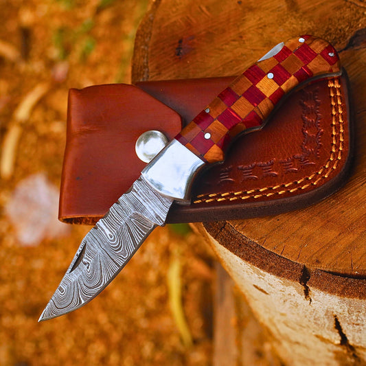 Handmade Damascus Steel Folding Pocket Knife | Custom EDC Knife with Leather Sheath-FK529