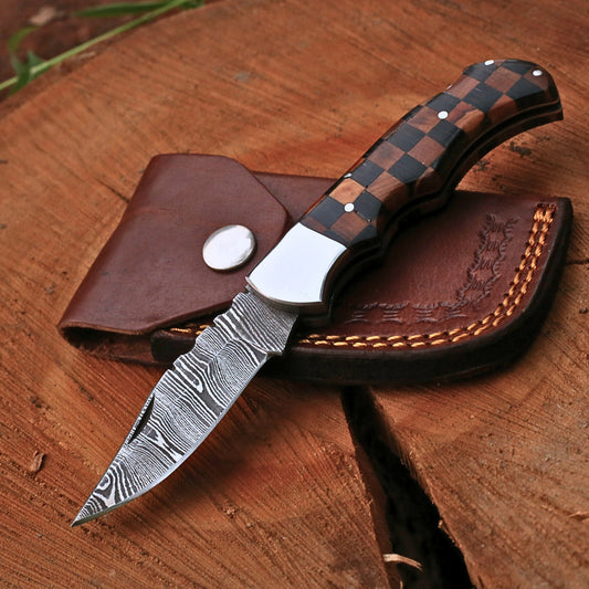 Handmade Damascus Steel Folding Pocket Knife | Custom EDC Knife with Leather Sheath-FK532