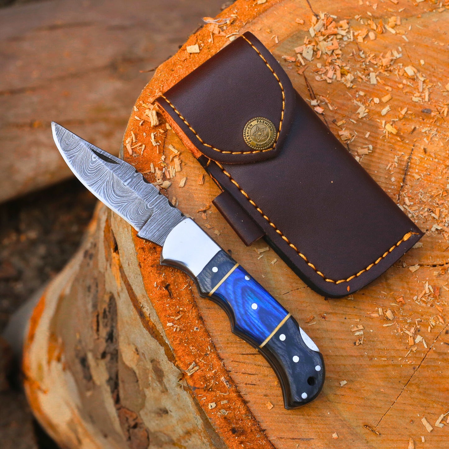Handcrafted Damascus Steel Folding Pocket Knife – Dual Tone Blue & Black Wood Handle with Leather Cover