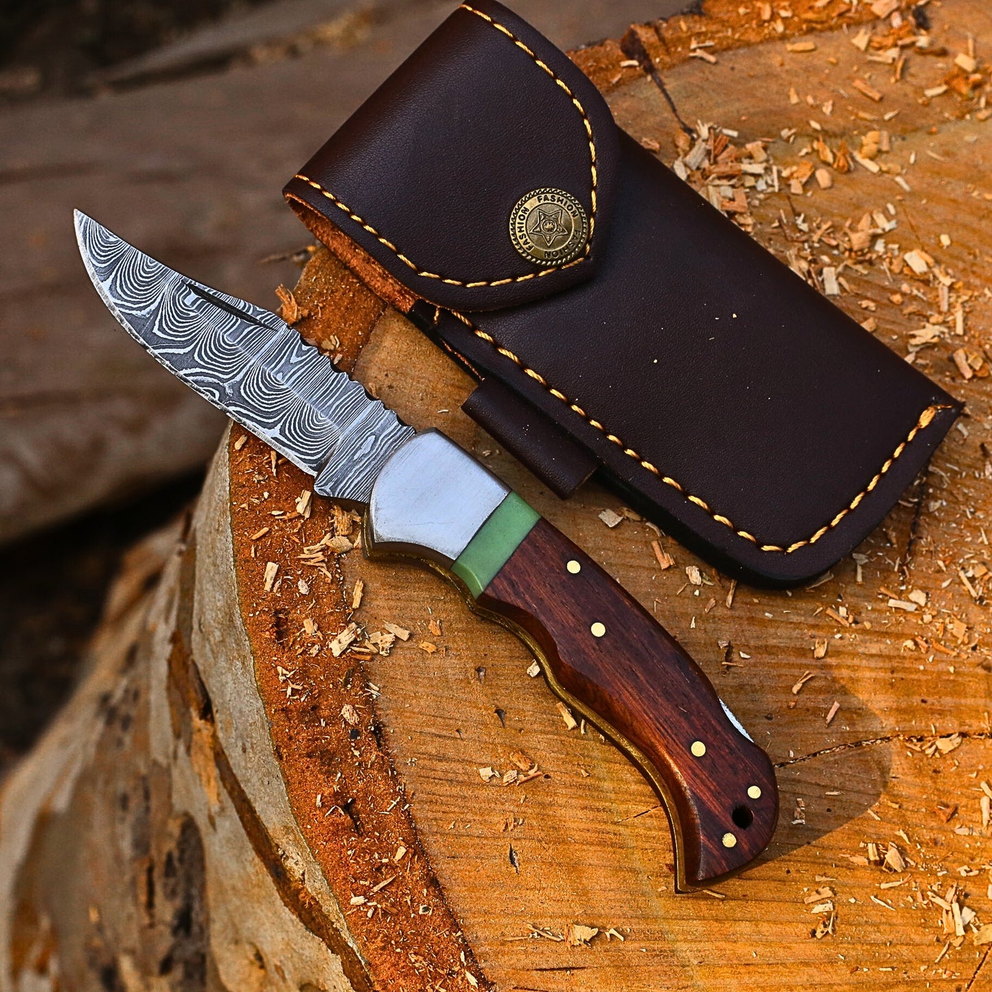 Handcrafted 6.5" Damascus Steel Folding Pocket Knife | Rosewood & Jade Spacer Handle with Leather Cover