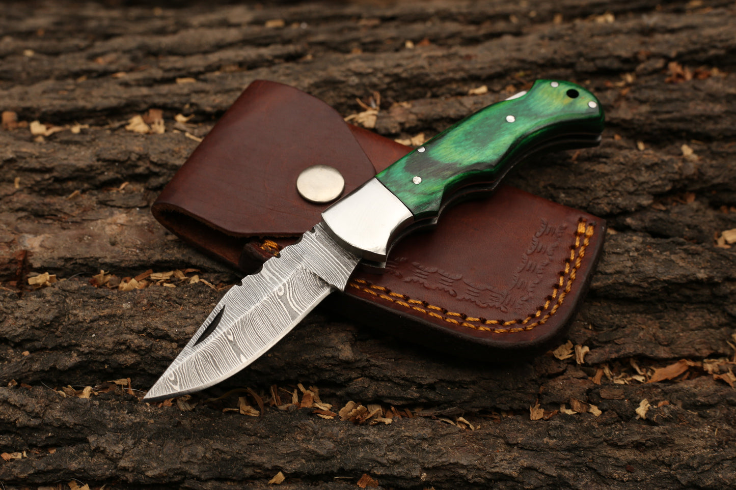 6.5" Damascus Steel Folding Pocket Knife with Premium Leather Cover