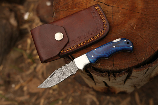 Hand-Forged Damascus Steel Folding Knife with Premium Leather Cover & Blue Pakkawood Handle