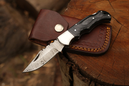Hand-Forged Damascus Steel Folding Pocket Knife with Leather Cover – Polished Dark Wood Handle