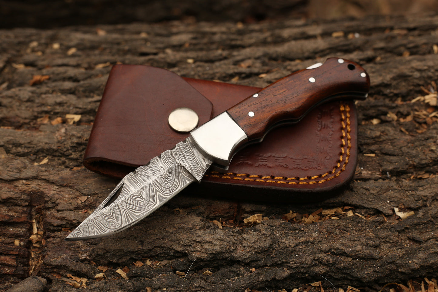 Handcrafted Damascus Steel Folding Pocket Knife – Natural Wood Handle with Leather Cover