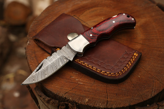 Handcrafted Damascus Steel Folding Knife with Premium Leather Cover | Crimson Pakkawood Handle