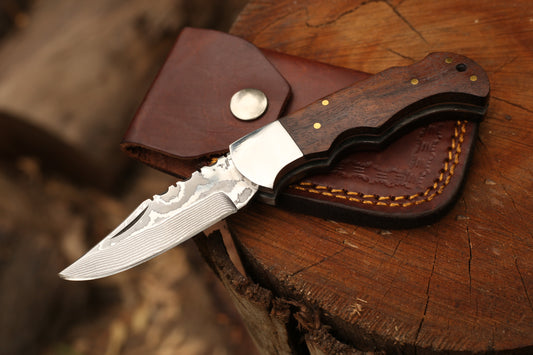 Hand-Forged 6.5" Damascus Stainless Steel Folding Pocket Knife with Leather Cover | Rosewood Handle