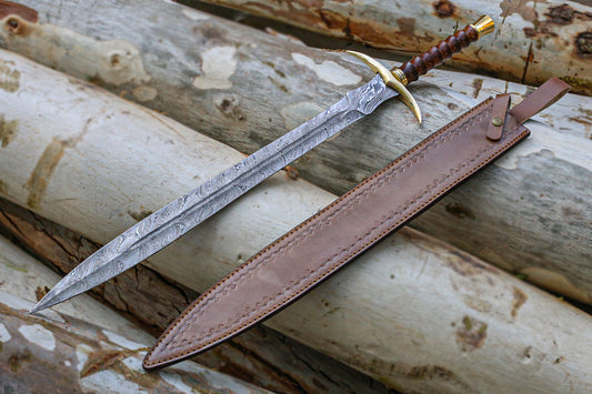 Hand-Forged Damascus Steel Viking Sword Replica with Genuine Leather Cover – 32" Nordic Longsword