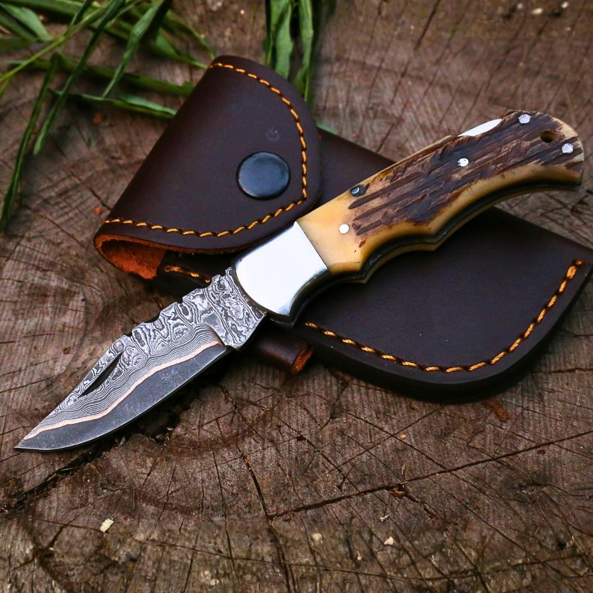 Custom Copper Damascus Folding Knife | Authentic Rustic Bone Handle | Leather Cover
