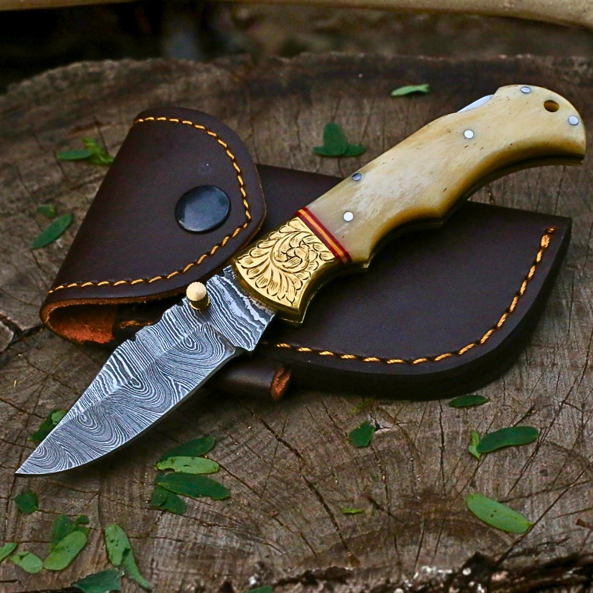 Custom Damascus Folding Pocket Knife | Smooth Bone & Engraved Brass Bolster | Leather Cover