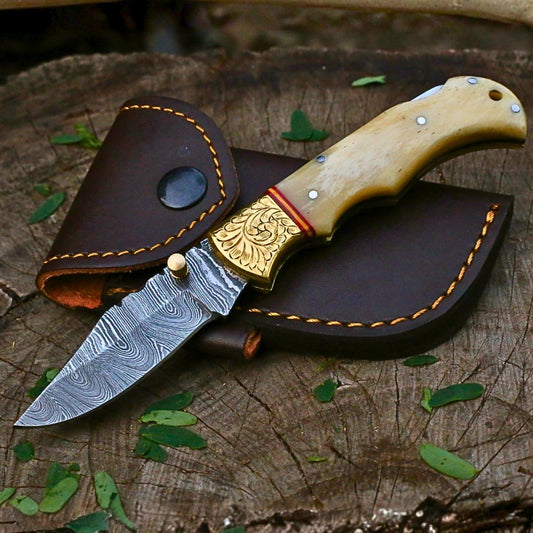 Custom Damascus Folding Pocket Knife | Smooth Bone & Engraved Brass Bolster | Leather Cover