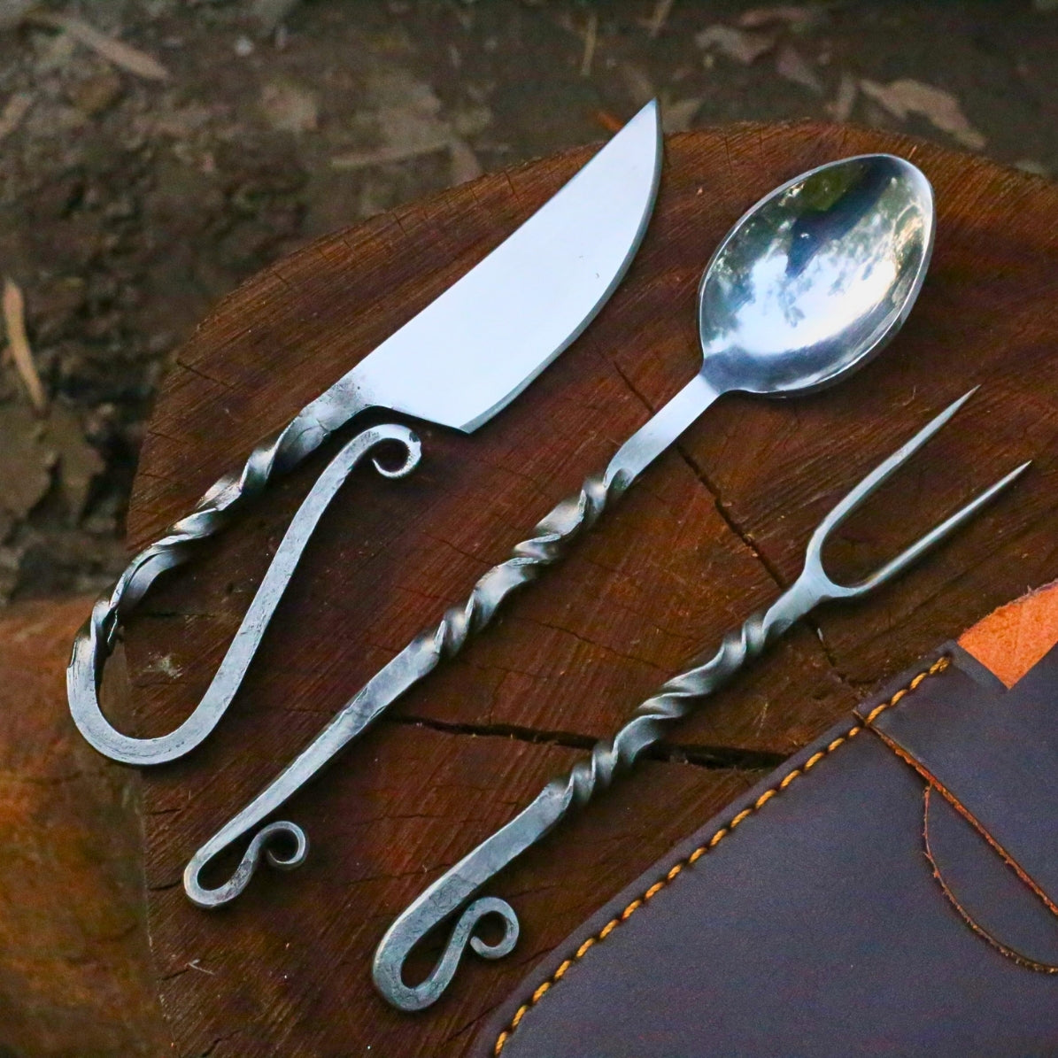 Hand-Forged High Carbon Steel Viking Flatware | Curved Scroll Cutlery with Leather Sheath